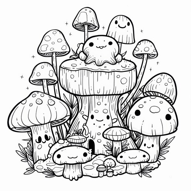 Photo a cluster of cartoon mushrooms with a smiling ghost coloring book line art design vector illustration