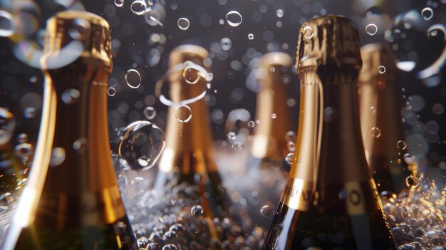 A cluster of champagne bottles with bubbles floating around creating a lively and celebratory atmosphere