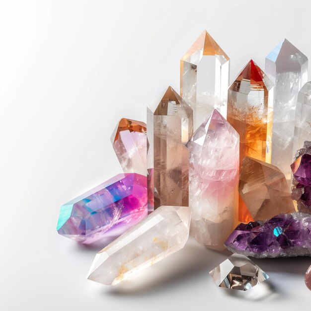 A cluster of colorful crystals on a white background