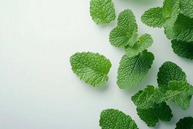 A cluster of fresh mint leaves on a white background