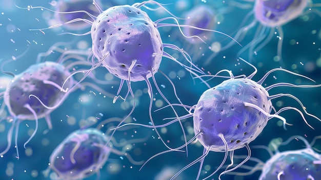 Photo cluster of giardia lamblia under a microscope protozoan parasites with multiple flagella disease transmission microbiology pathogenic protozoa concept