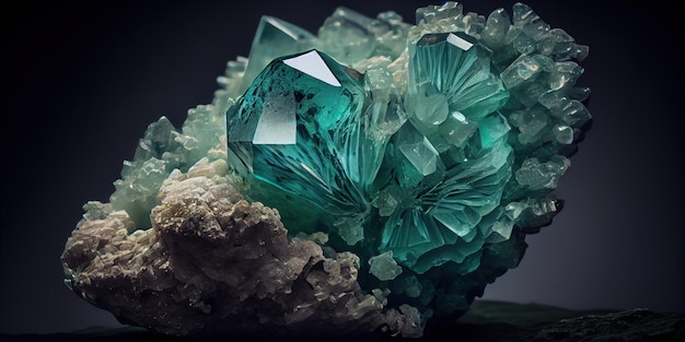 A cluster of green crystals sitting on top of a rock generative AI