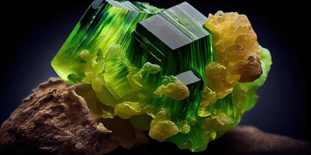 A cluster of green and yellow crystals sitting on top of a rock generative AI