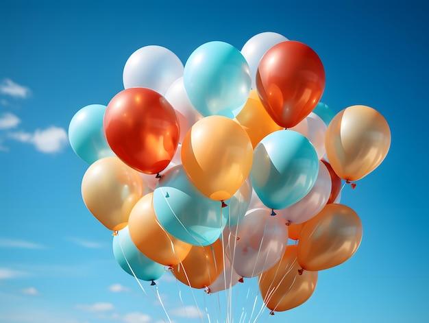 A cluster of helium balloons floating against a clear blue sky