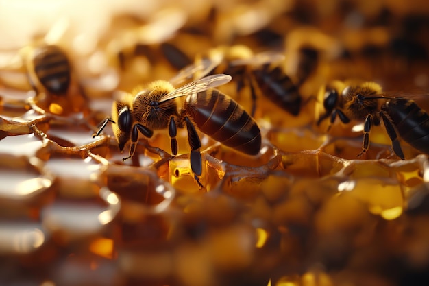 Cluster of honeybees on honeycomb