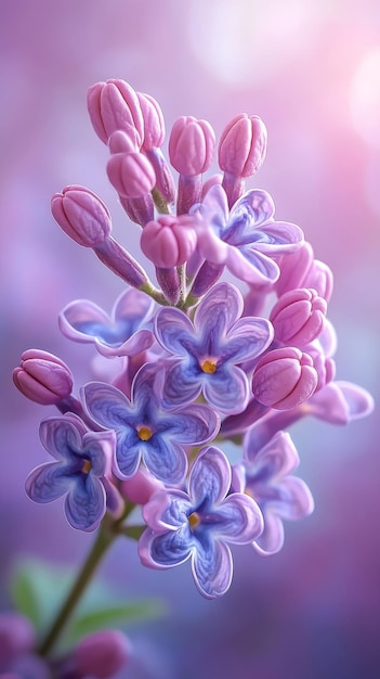 A cluster of lilac flowers showcases soft purple and blue petals illuminated by warm light during sp