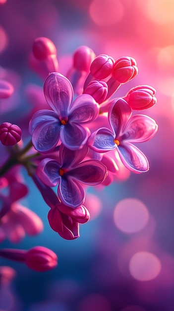 A cluster of lilac flowers showcases their vibrant purple hues as they bloom in the garden illuminated by goldenhour sunlight with a soft bokeh effect in the background