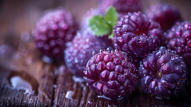 Cluster of Luscious Boysenberries Against Rustic Wooden Background in Natural Daylight