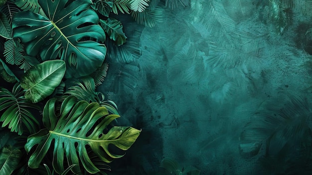 cluster of lush green tropical leaves on the left side and top corner with space left for text on the right side