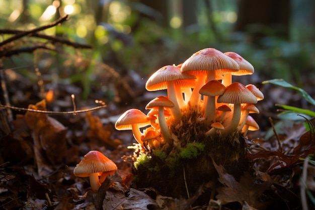 cluster of mushrooms growing in the damp undergrowth their caps glowing softly