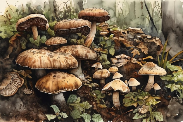 A cluster of mushrooms growing in the forest digital art illustration