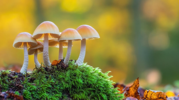 Photo cluster of mushrooms growing on mossy forest floor autumn colors