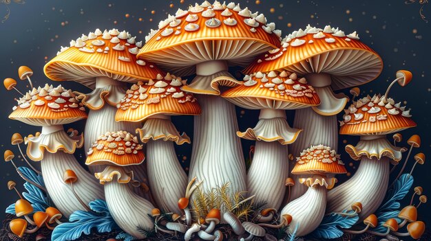 A Cluster of Orange and White Mushrooms in a Mystical Setting