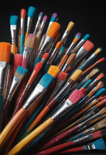 A cluster of paint brushes rests in a cup ready for art creation