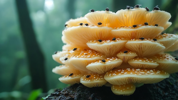 Photo a cluster of pale yellow mushrooms with black insects perched on top set against a blurred green background of a forest