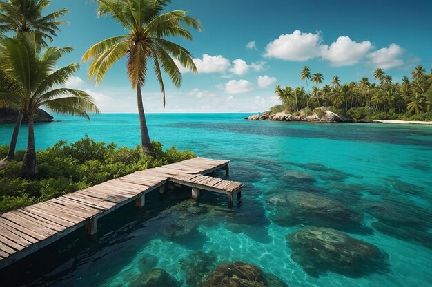 Photo a cluster of palm trees on an island with turquoise w