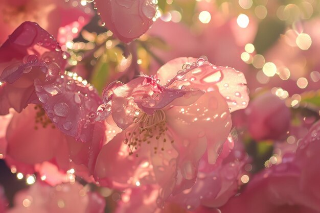 Photo cluster of pink flowers with rain droplets on petals glistening in sunlight rainsoaked petals glistening in the sun