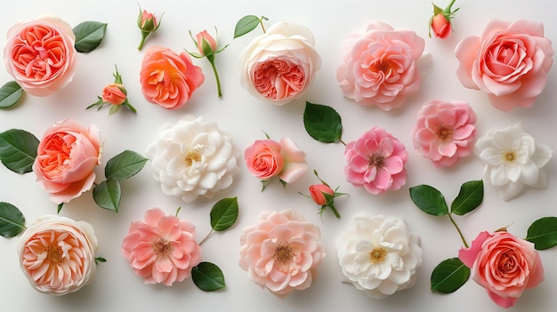 Cluster of pink and white flowers on a white surface