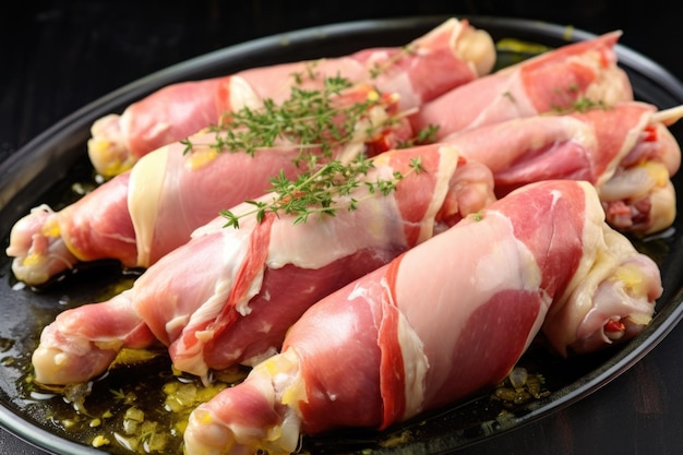 A cluster of raw chicken legs soaking in garlic butter marinade