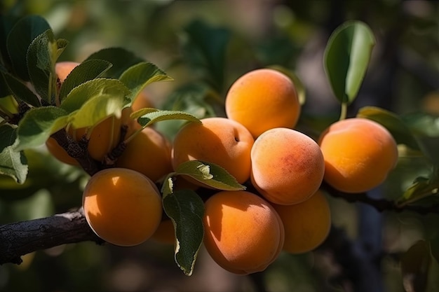 Cluster of ripe apricots suspended from a tree branch