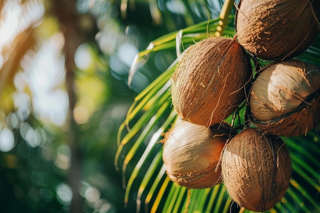 Cluster of Ripe Coconuts Hanging from a Palm Tree