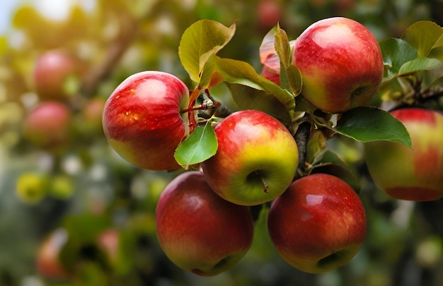 A cluster of ripe red apples on a branch