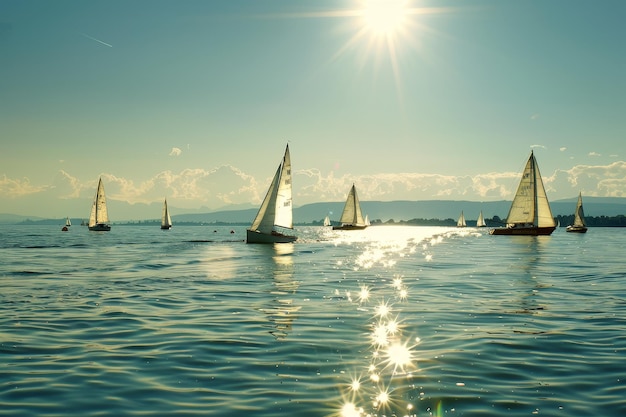 A cluster of sailboats peacefully floating on a shimmering lake Sailing boats gliding across a shimmering lake under a cloudless sky