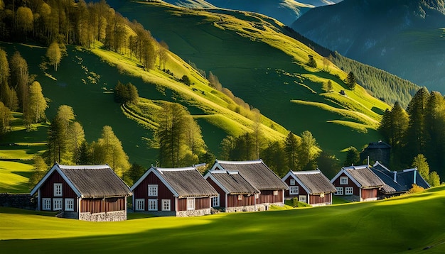 A cluster of traditional sodroofed houses nestled in a valley