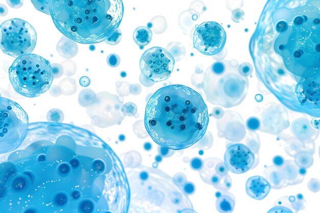 A cluster of translucent blue cells with darker blue specks inside floating against a white background