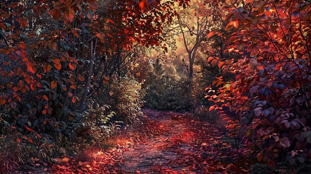 A cluster of vibrant autumn leaves their fiery reds and oranges ablaze with the colors of the setting sun carpeting a woodland path