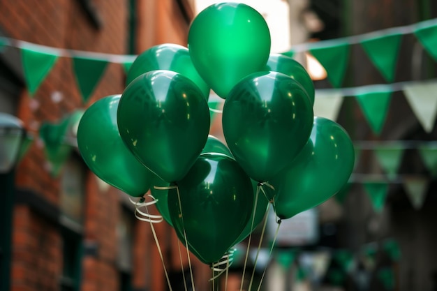 A cluster of vibrant green balloons floating against a backdrop of festive St Patricks Day banners