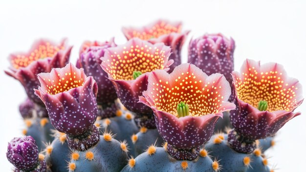 Photo a cluster of vibrant maroon cactus flowers with yellow dotted patterns and spiky buds