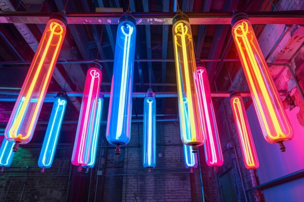 A cluster of vibrant neon lights dangling elegantly from the ceiling casting a colorful glow in the room