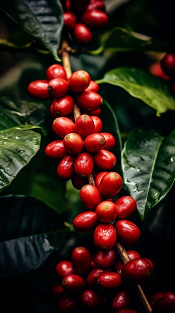 A cluster of vibrant red berries hanging from a tree branch in a natural setting