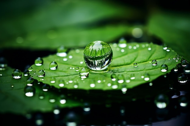 A Cluster of Water Droplets on a Green Leaf Magnified Generative Ai