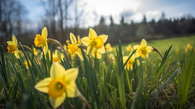 A cluster of yellow daffodils and green grass