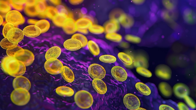 Clustered spherical bacteria cells are depicted in vibrant orange and yellow tones under magnification