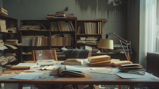 Photo a cluttered abandoned desk and shelves filled with books in a forgotten dilapidated study room