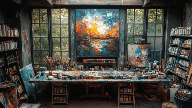 A cluttered artist39s studio with a large painting on the wall paintbrushes and paints on a table and bookshelves on either side