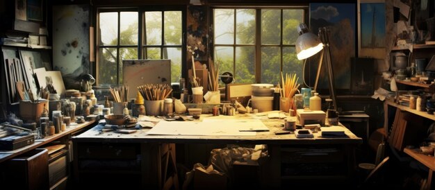 Photo a cluttered artists workspace filled with inspiration