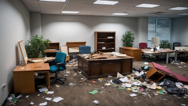 A cluttered and chaotic office space with debris and broken furniture everywhere