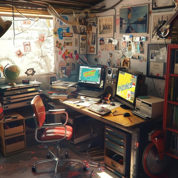 Photo a cluttered computer desk with a vintage air hockey game inviting players of all ages