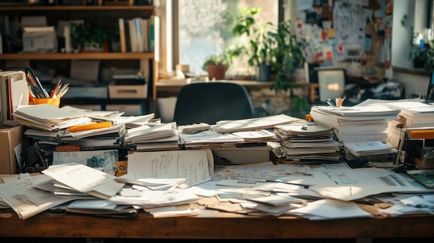 Photo cluttered desk in a home office