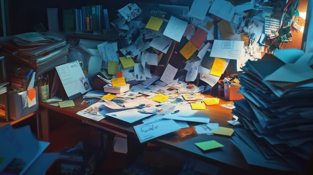 Photo cluttered desk with papers and notes