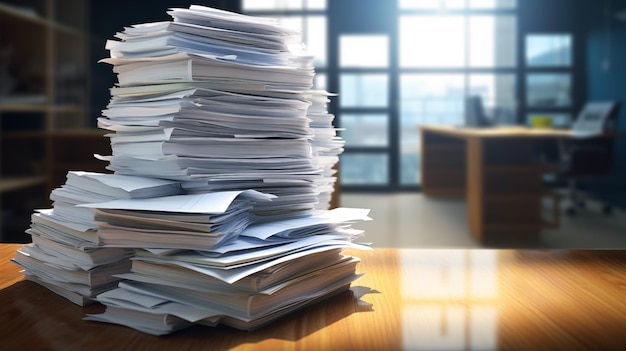 Photo a cluttered desk with a stack of business papers highlighting the importance of organization and management in the workplace