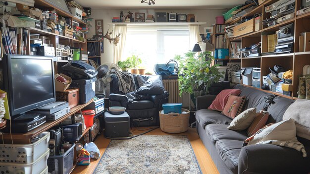 Photo a cluttered living room with furniture shelves and various items