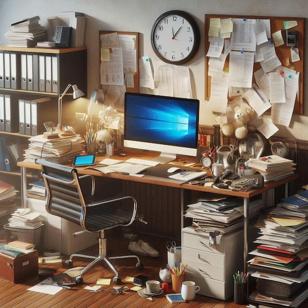 Cluttered office desk