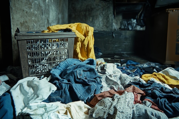 Photo cluttered pile of dirty clothes next to laundry basket in a photographic composition