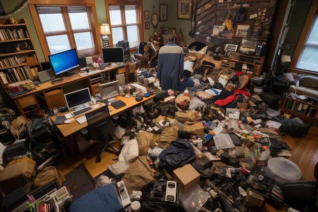 Photo a cluttered room with a lot of clutter on the floor and a computer monitor on the desk.