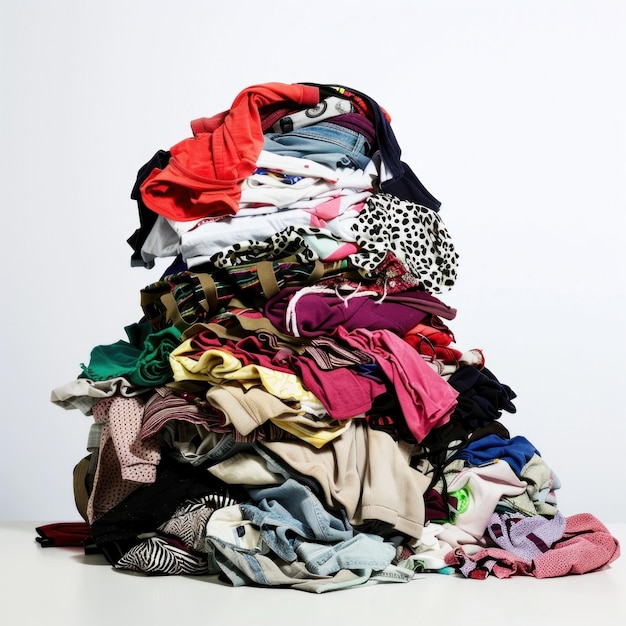 Photo a cluttered stack of various clothing items resting on a clean white table against a plain white backdrop